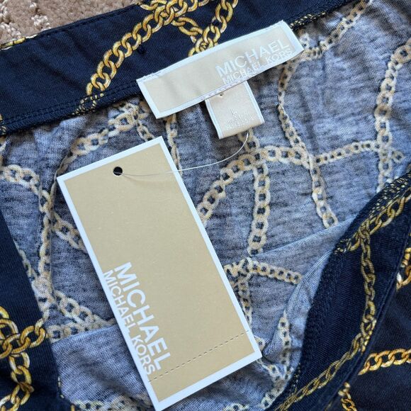 Michael Kors Navy Gold Chain Blouse Women's Large Nautical Peasant MK Logo NWT - Picture 7 of 11